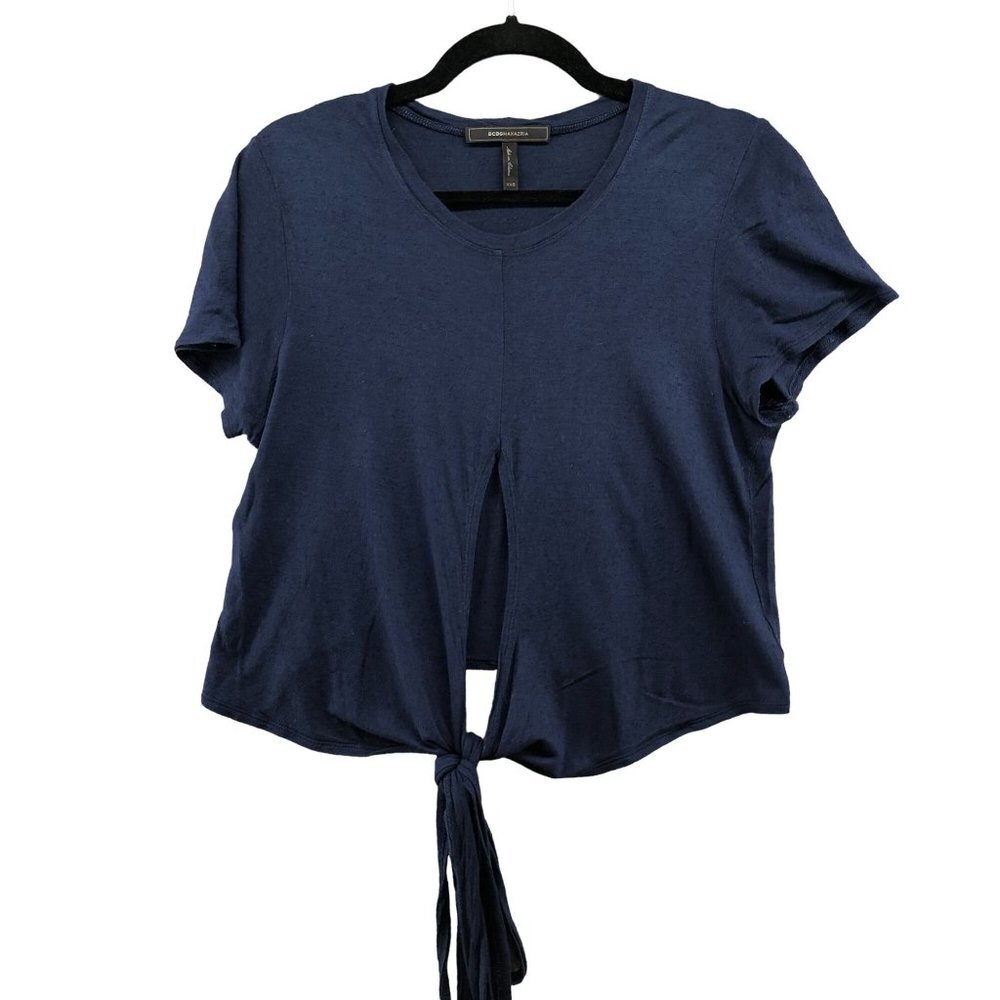 BCBGMaxazria Tie‎ Front T Shirt Womens XXS Silk Blend Blue Short Sleeve Blouse